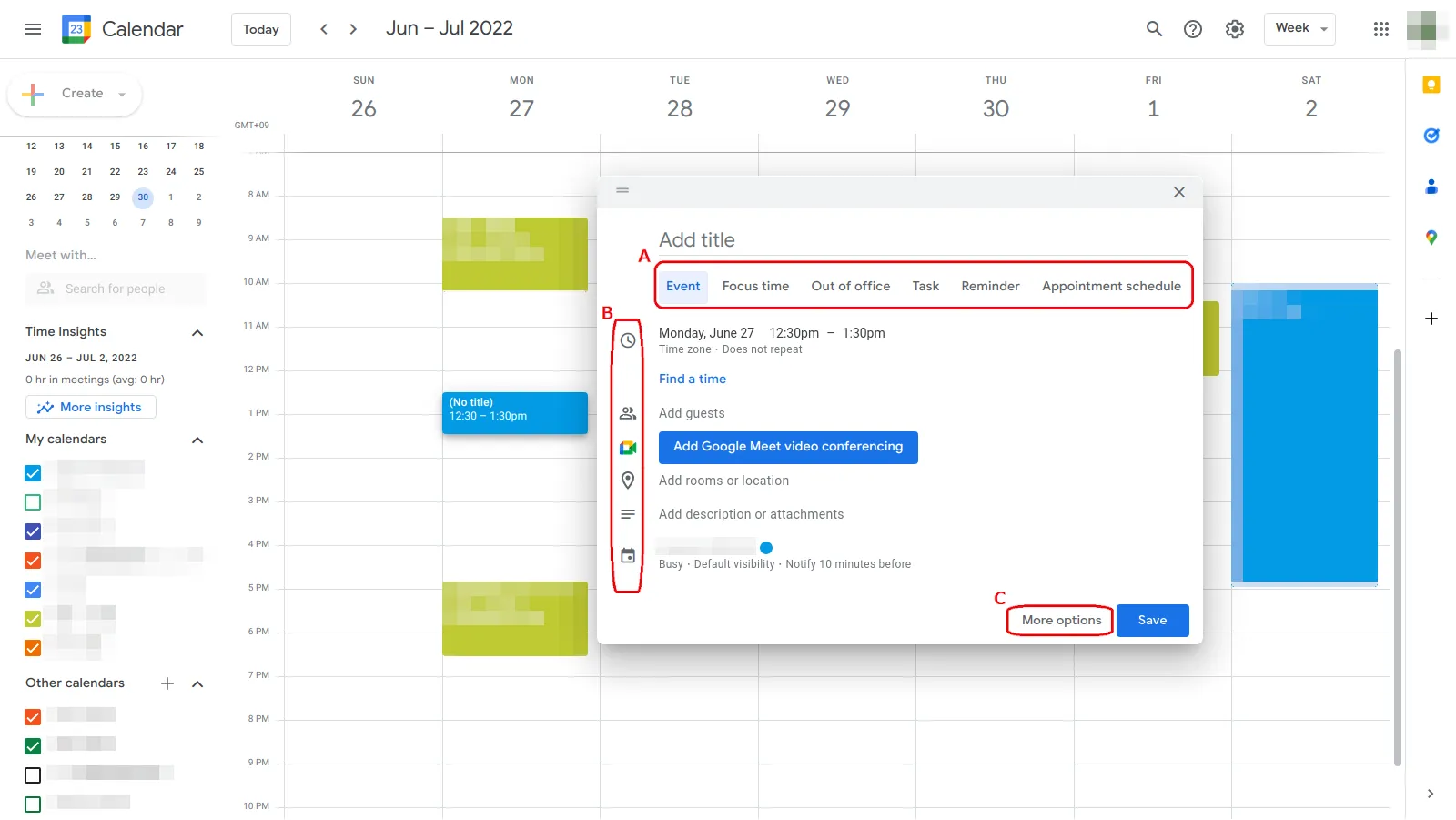 Screenshot of Google Calendar. A window to create an event is shown.